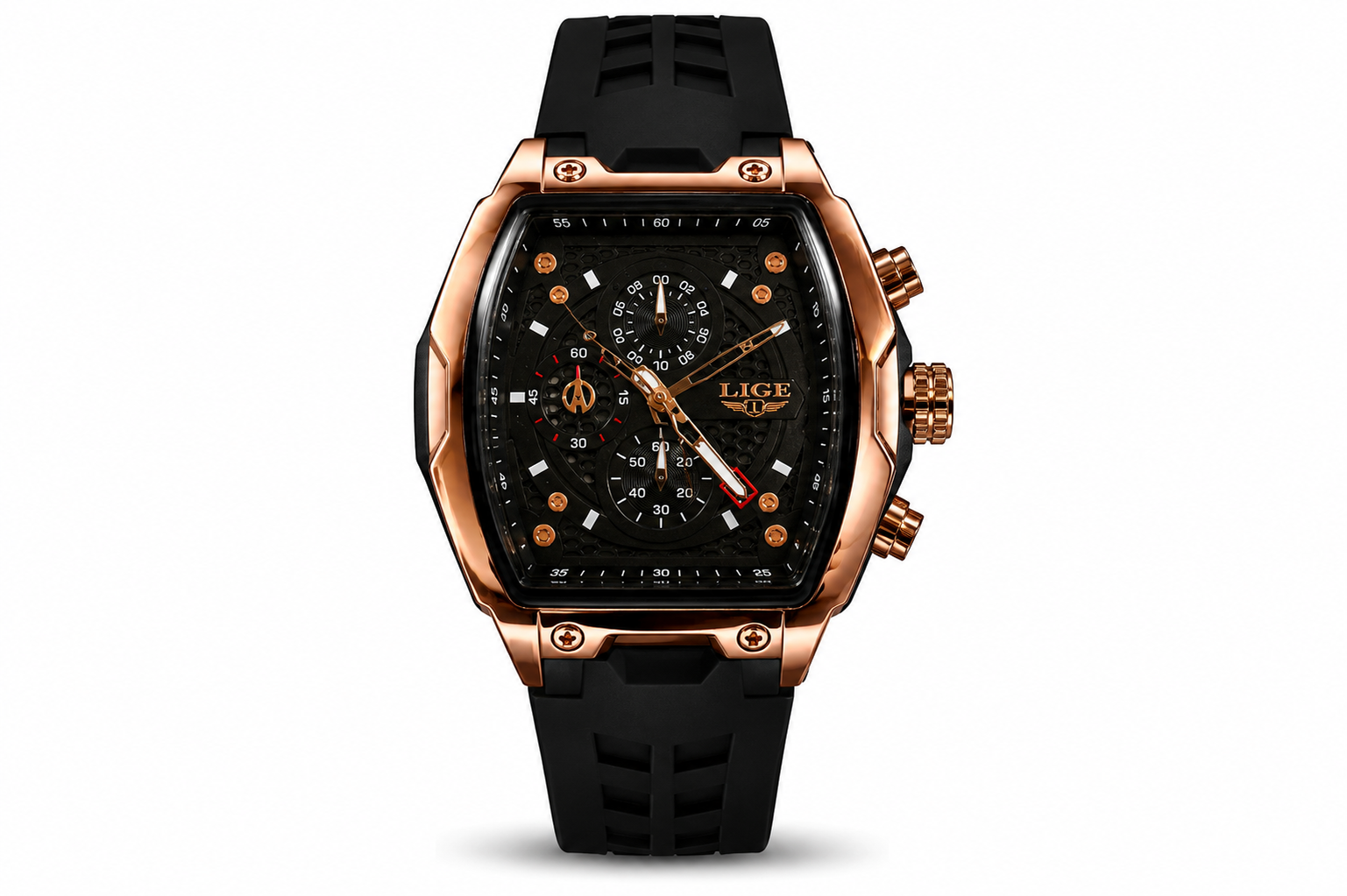 WA-22--LIGE 8908 Men's Rose Gold Black Chronograph Quartz Watch 3Bar Waterproof Silicone
