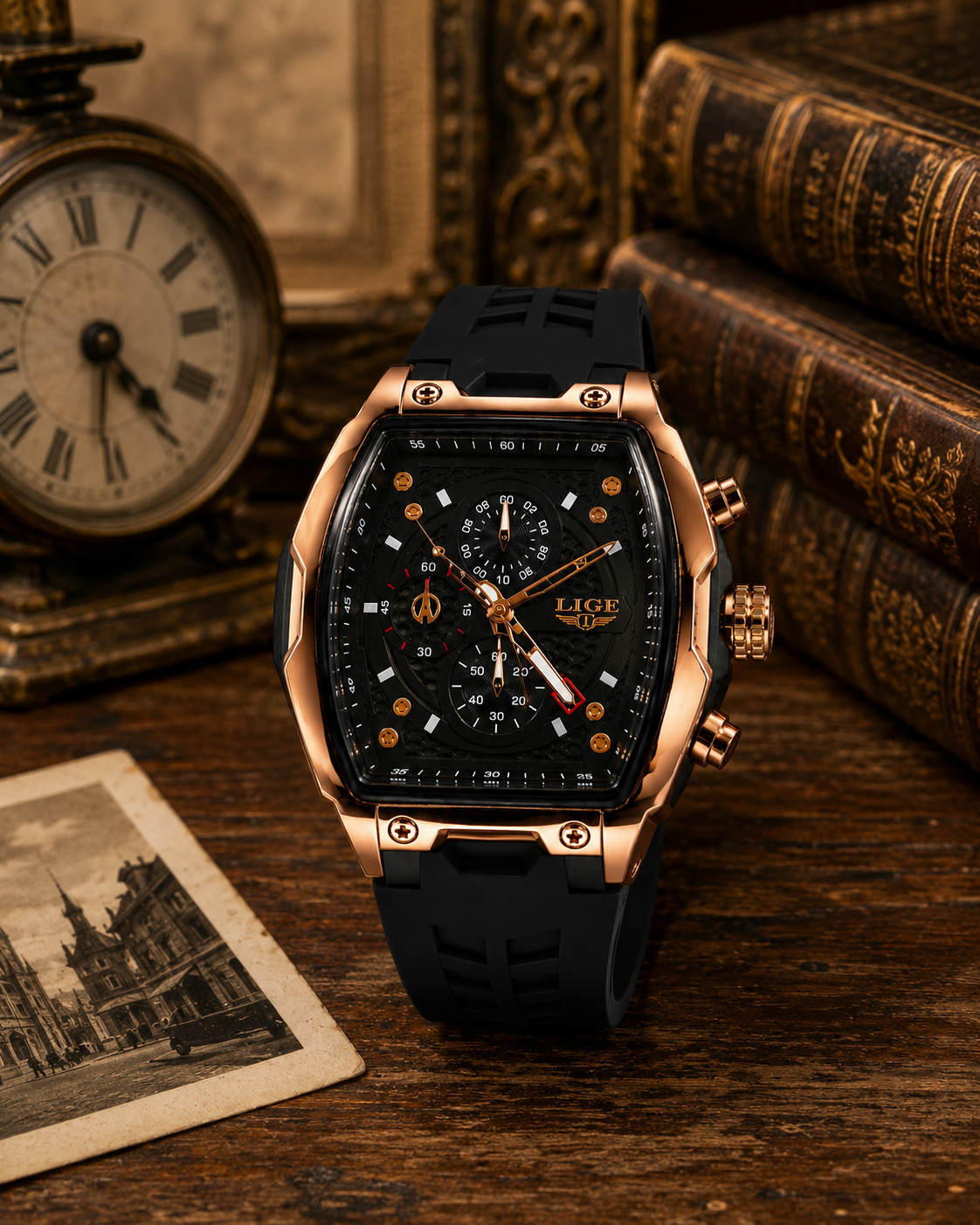 WA-22--LIGE 8908 Men's Rose Gold Black Chronograph Quartz Watch 3Bar Waterproof Silicone