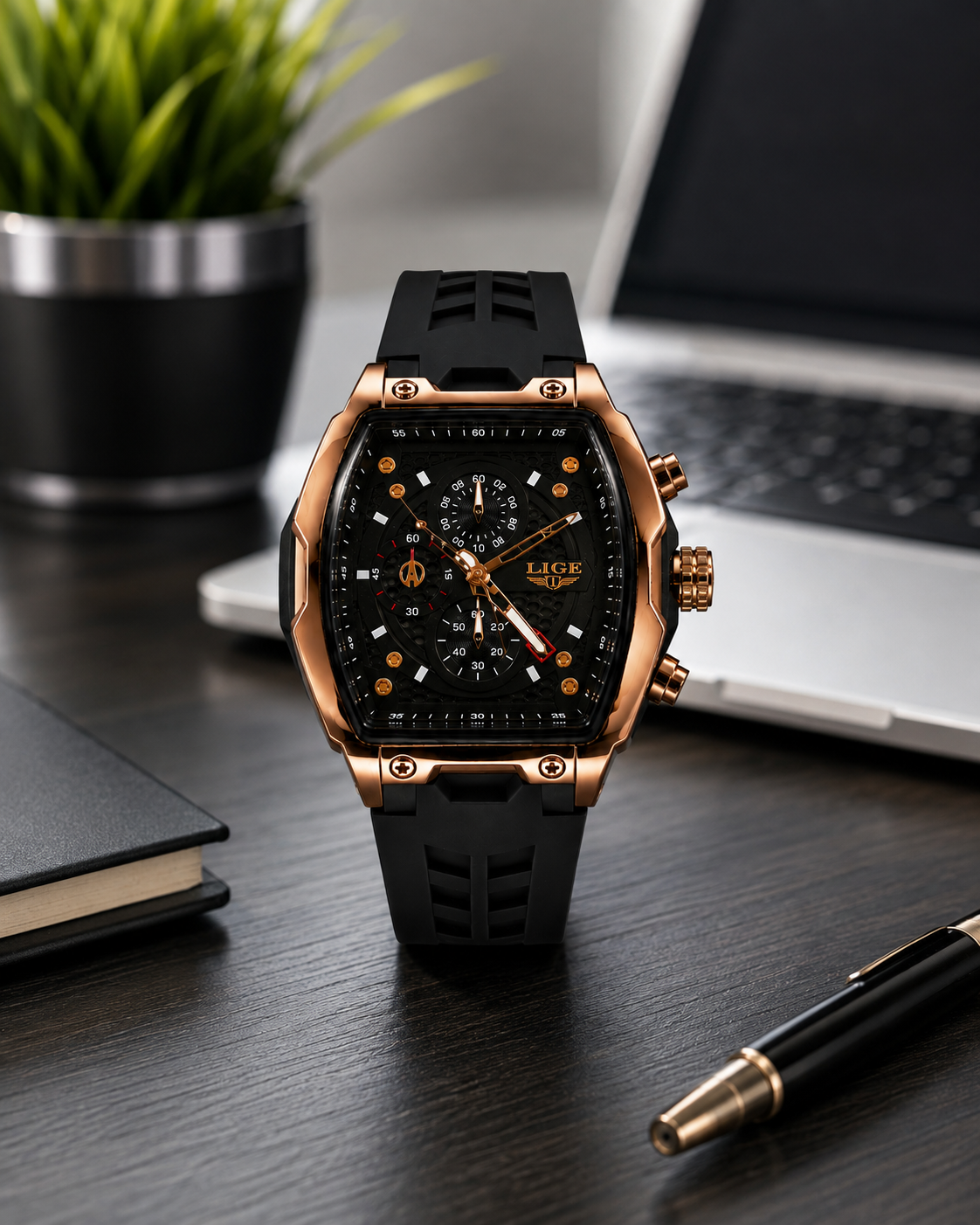 WA-22--LIGE 8908 Men's Rose Gold Black Chronograph Quartz Watch 3Bar Waterproof Silicone
