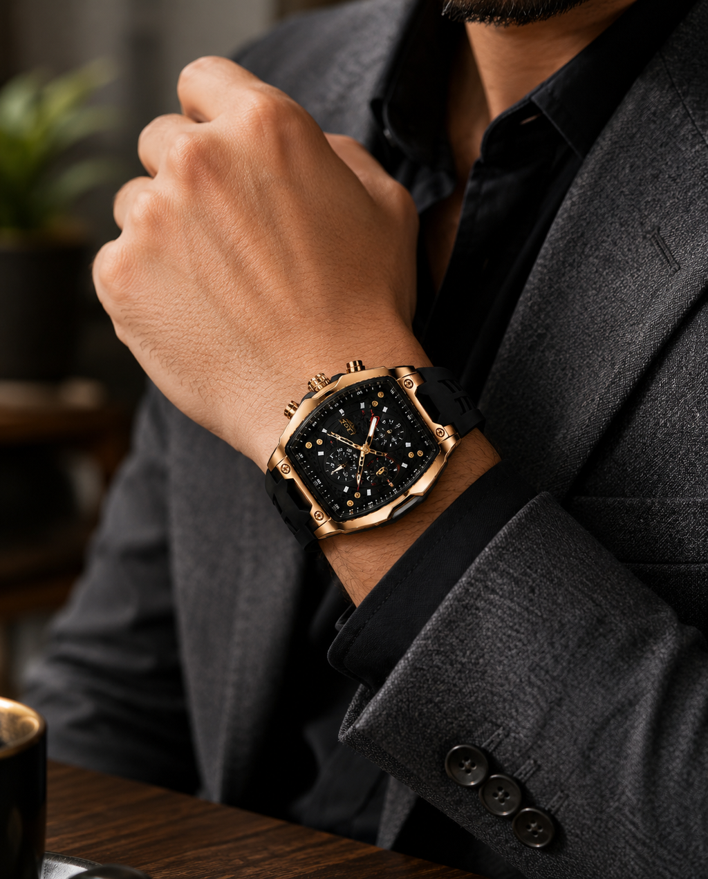WA-22--LIGE 8908 Men's Rose Gold Black Chronograph Quartz Watch 3Bar Waterproof Silicone