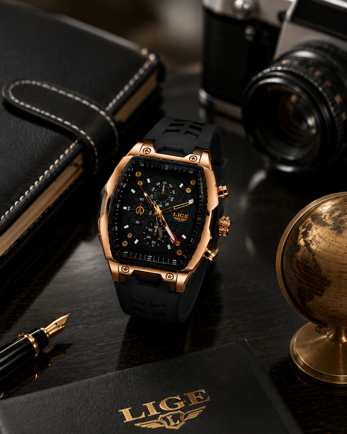 WA-22--LIGE 8908 Men's Rose Gold Black Chronograph Quartz Watch 3Bar Waterproof Silicone