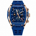 WA-23--LIGE Men's Blue Tonneau Chronograph Watch LG89148 Rose Gold Quartz Date Luminous 3ATM Silicone Strap