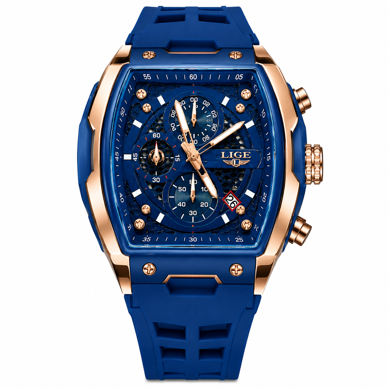 WA-23--LIGE Men's Blue Tonneau Chronograph Watch LG89148 Rose Gold Quartz Date Luminous 3ATM Silicone Strap