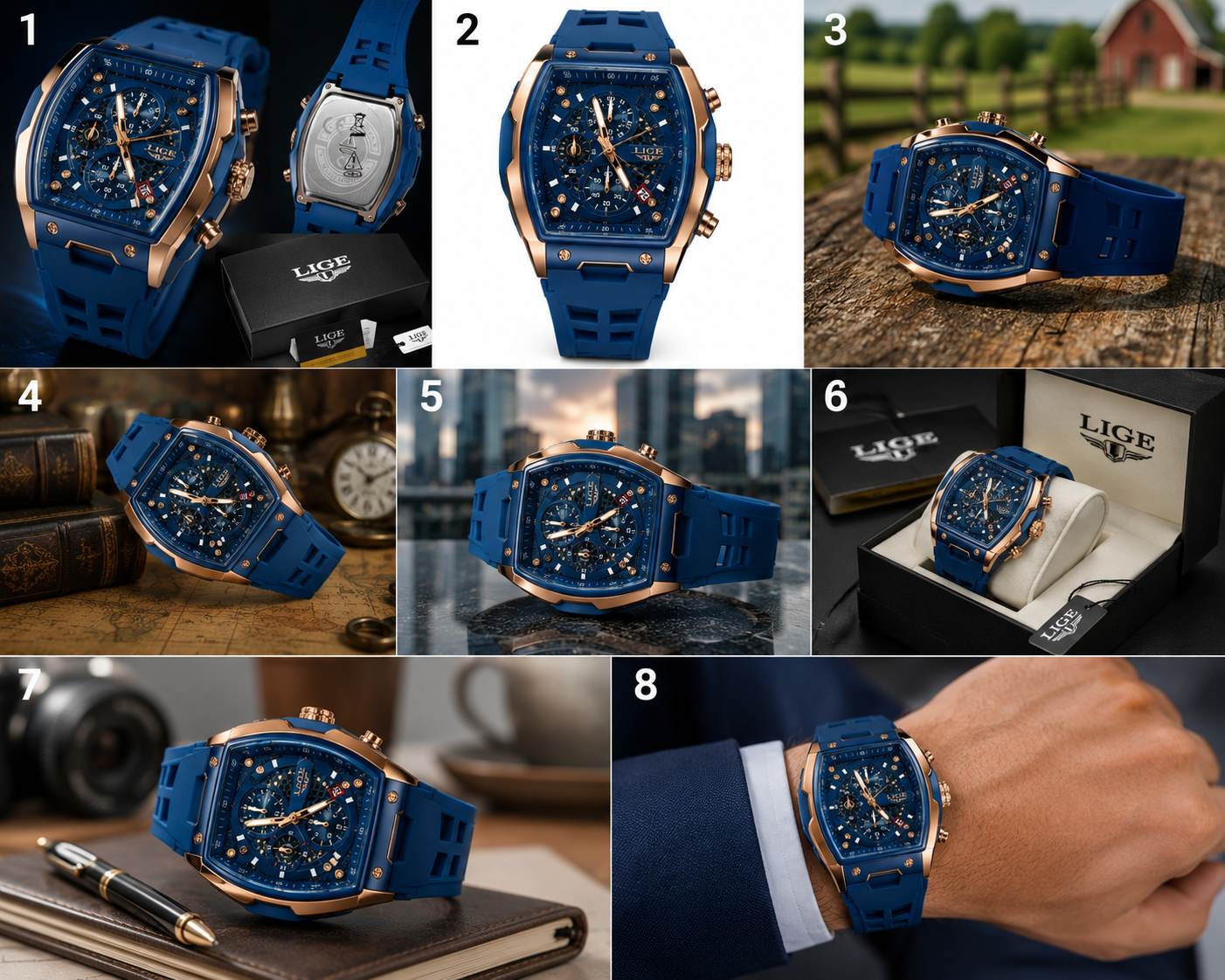 WA-23--LIGE Men's Blue Tonneau Chronograph Watch LG89148 Rose Gold Quartz Date Luminous 3ATM Silicone Strap