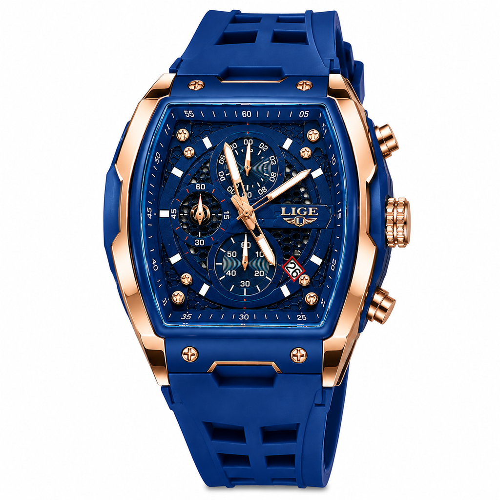 WA-23--LIGE Men's Blue Tonneau Chronograph Watch LG89148 Rose Gold Quartz Date Luminous 3ATM Silicone Strap