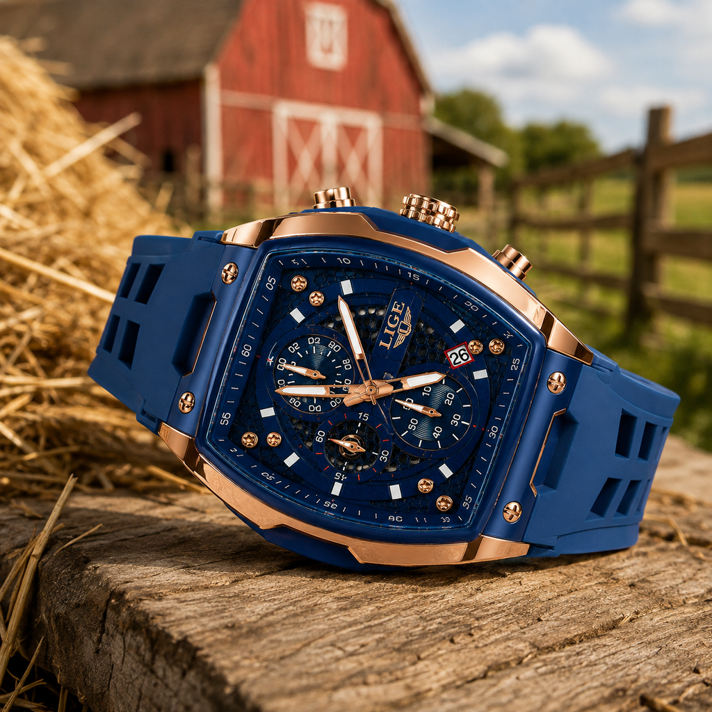 WA-23--LIGE Men's Blue Tonneau Chronograph Watch LG89148 Rose Gold Quartz Date Luminous 3ATM Silicone Strap