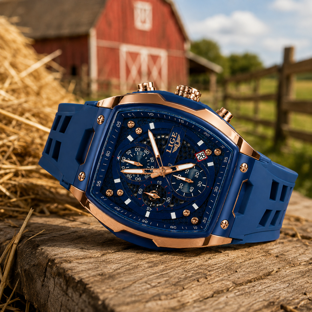 WA-23--LIGE Men's Blue Tonneau Chronograph Watch LG89148 Rose Gold Quartz Date Luminous 3ATM Silicone Strap