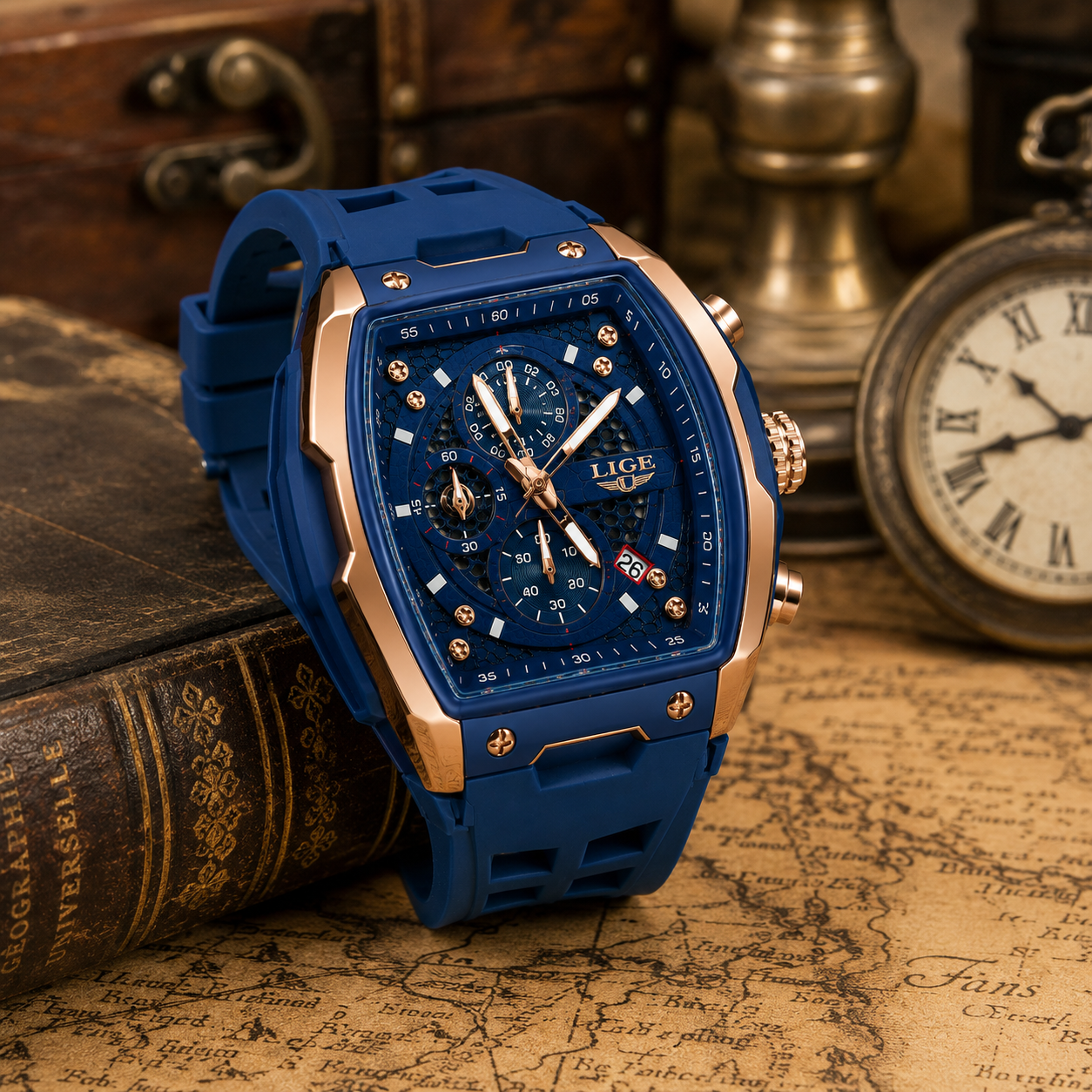 WA-23--LIGE Men's Blue Tonneau Chronograph Watch LG89148 Rose Gold Quartz Date Luminous 3ATM Silicone Strap