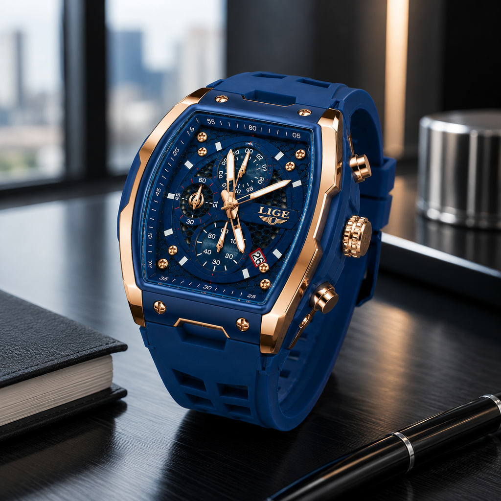 WA-23--LIGE Men's Blue Tonneau Chronograph Watch LG89148 Rose Gold Quartz Date Luminous 3ATM Silicone Strap