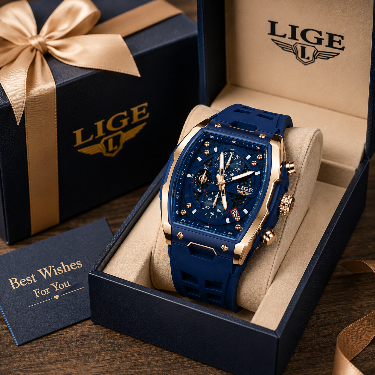 WA-23--LIGE Men's Blue Tonneau Chronograph Watch LG89148 Rose Gold Quartz Date Luminous 3ATM Silicone Strap