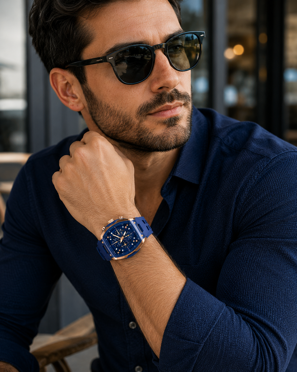 WA-23--LIGE Men's Blue Tonneau Chronograph Watch LG89148 Rose Gold Quartz Date Luminous 3ATM Silicone Strap