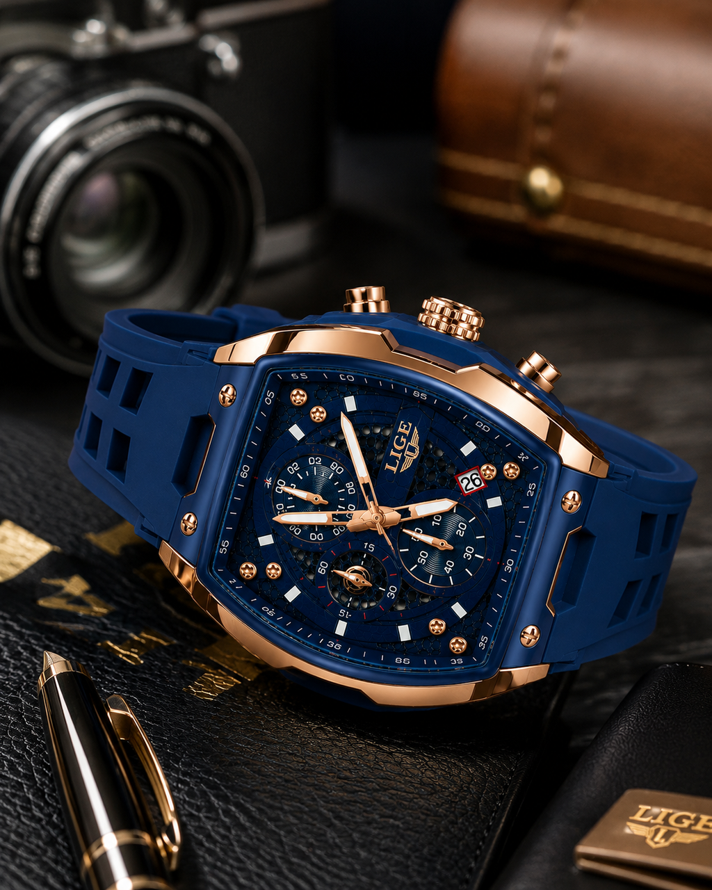 WA-23--LIGE Men's Blue Tonneau Chronograph Watch LG89148 Rose Gold Quartz Date Luminous 3ATM Silicone Strap