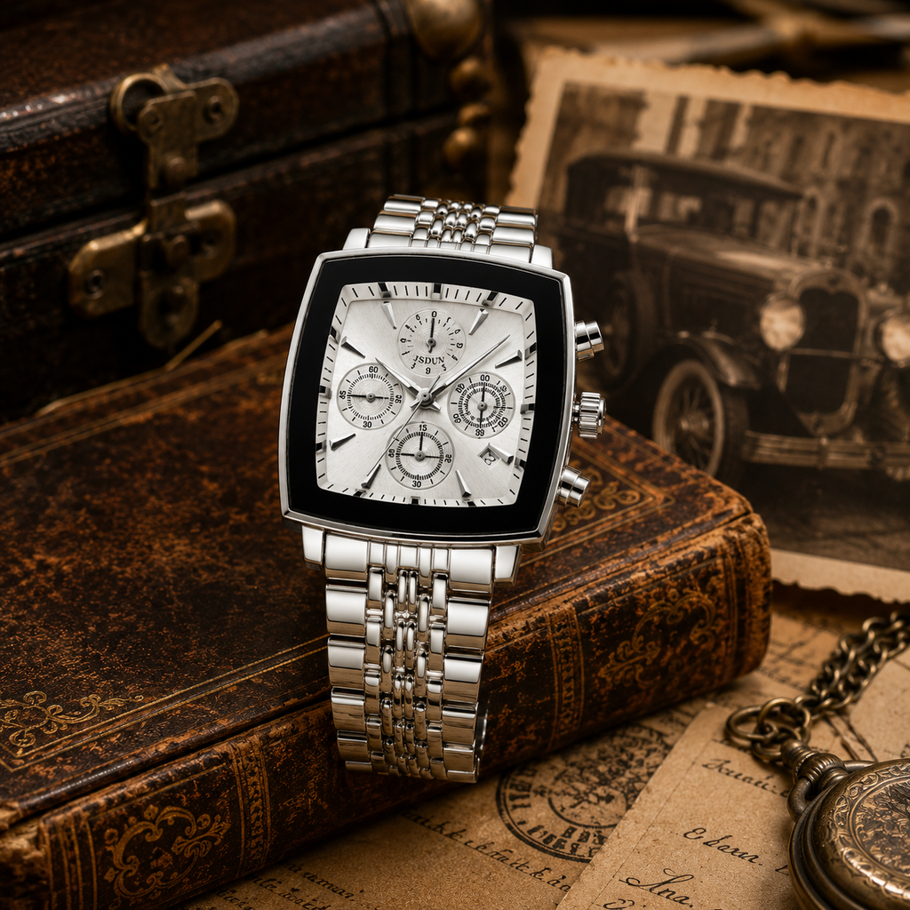Wa-23--JSDUN 8964 Men's Automatic Mechanical Watch Silver White 40mm Chronograph Style 3ATM