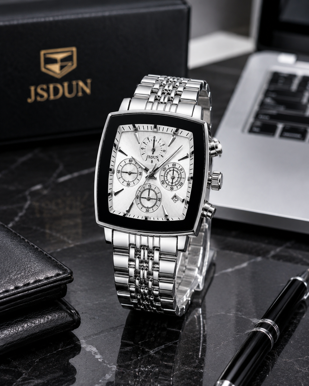 Wa-23--JSDUN 8964 Men's Automatic Mechanical Watch Silver White 40mm Chronograph Style 3ATM