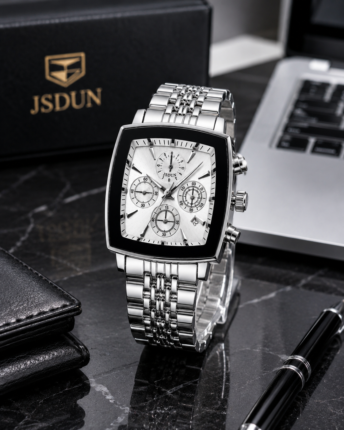 Wa-23--JSDUN 8964 Men's Automatic Mechanical Watch Silver White 40mm Chronograph Style 3ATM