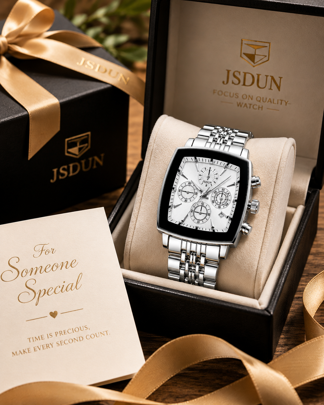 Wa-23--JSDUN 8964 Men's Automatic Mechanical Watch Silver White 40mm Chronograph Style 3ATM