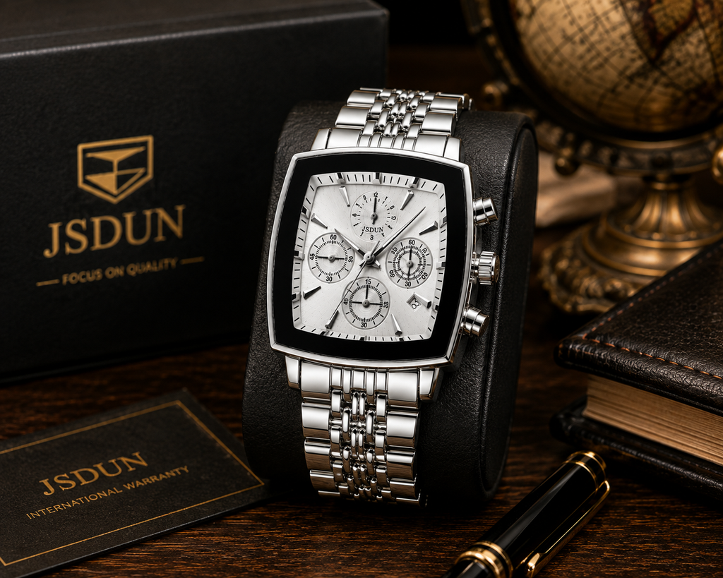 Wa-23--JSDUN 8964 Men's Automatic Mechanical Watch Silver White 40mm Chronograph Style 3ATM