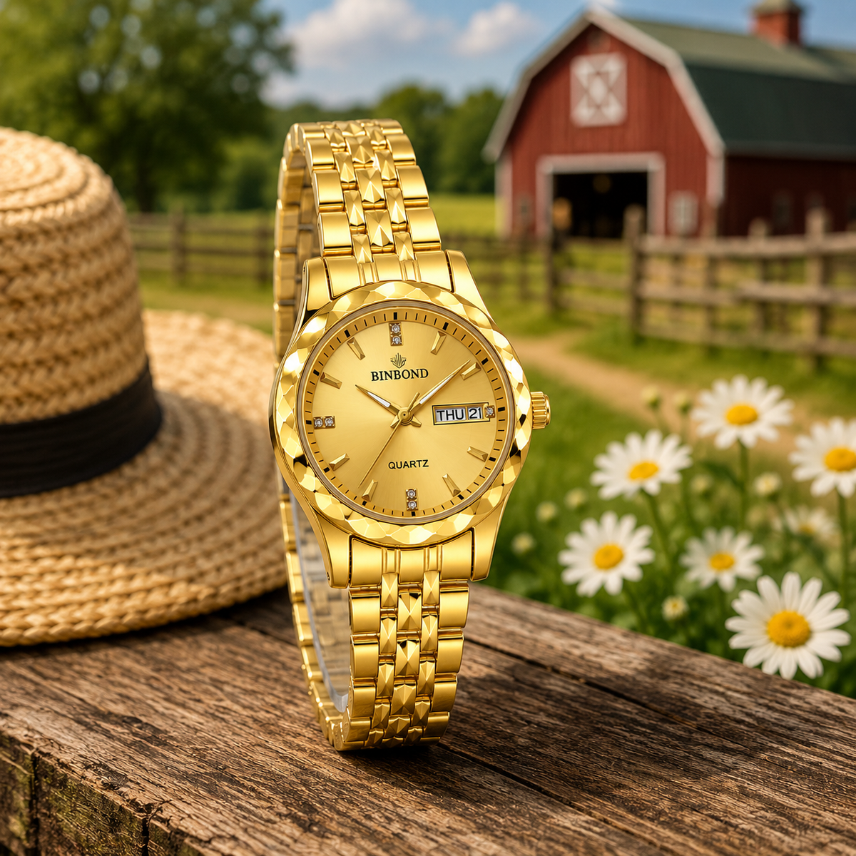 WA-20--Bingong Ladies Gold-Tone Luxury Quartz Watch 28mm Date Luminous Water Resistant