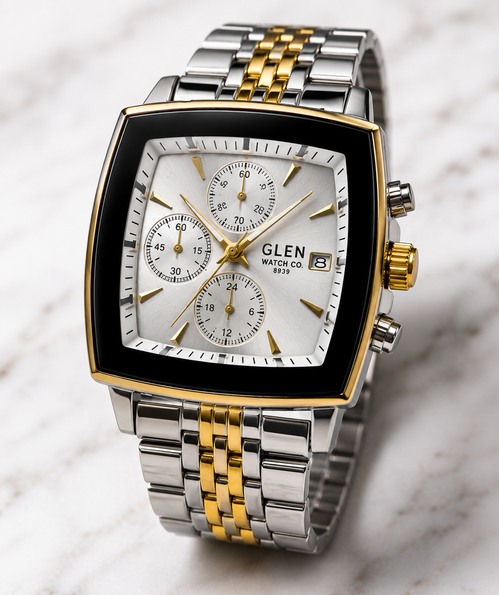 WA-29--Glen Watch Co. Men's Automatic Mechanical Watch 925 Silver Case Two-Tone Bracelet Dual Calendar 106g