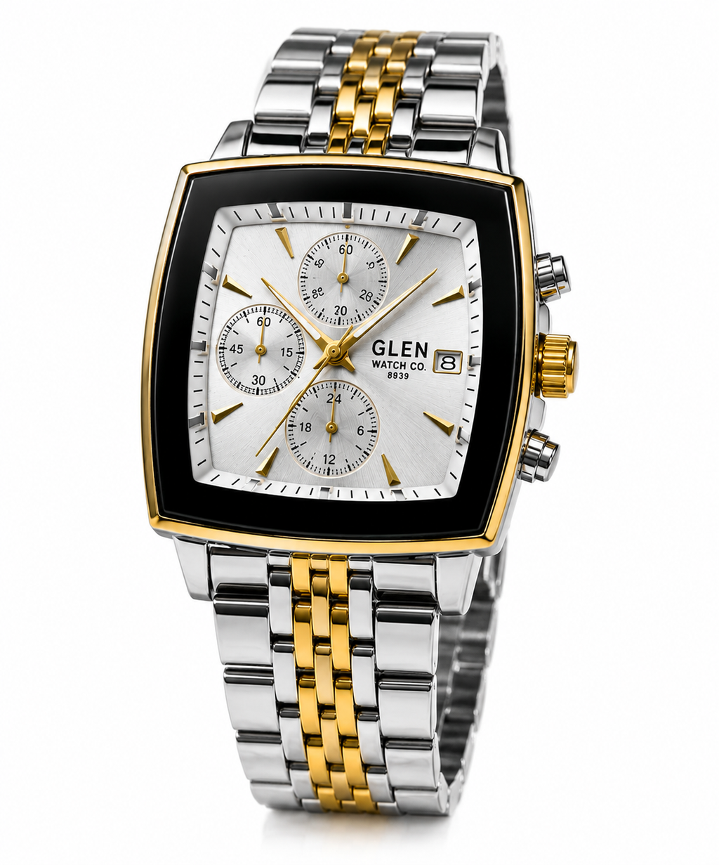 WA-29--Glen Watch Co. Men's Automatic Mechanical Watch 925 Silver Case Two-Tone Bracelet Dual Calendar 106g