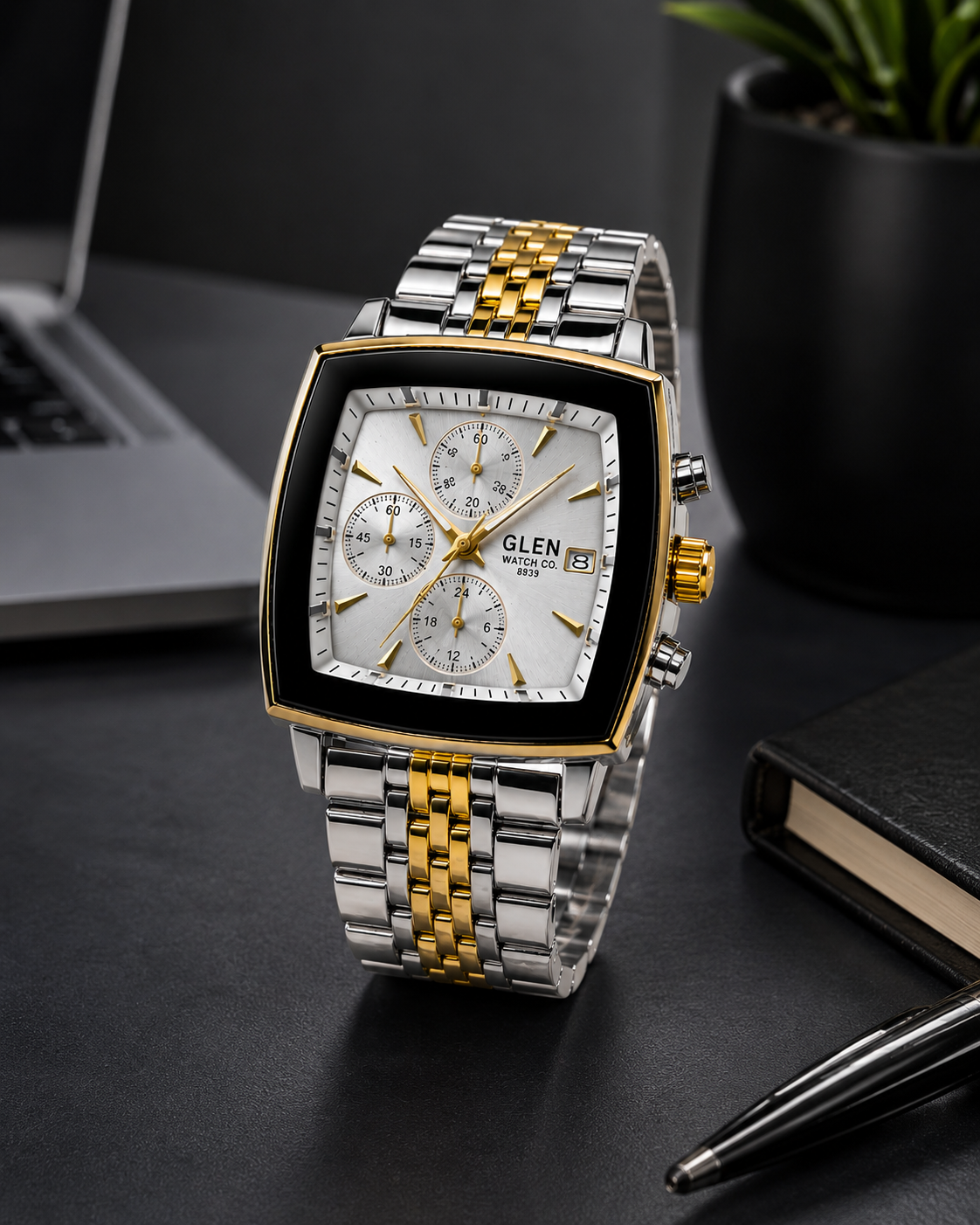 WA-29--Glen Watch Co. Men's Automatic Mechanical Watch 925 Silver Case Two-Tone Bracelet Dual Calendar 106g