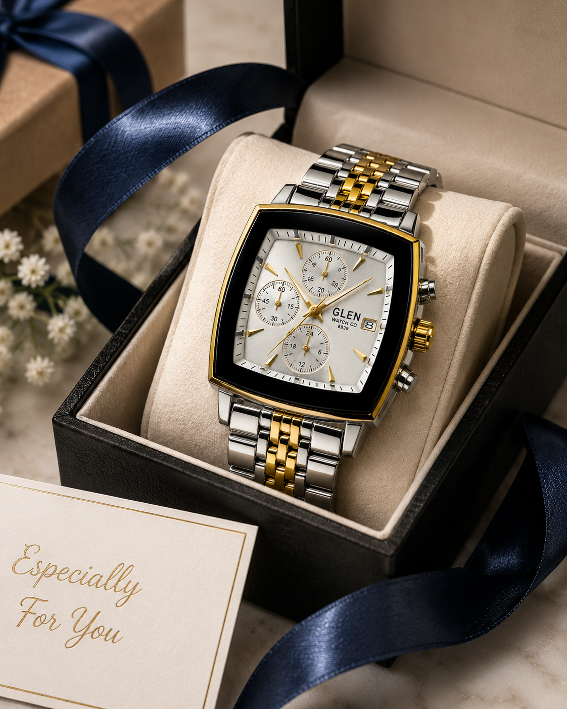 WA-29--Glen Watch Co. Men's Automatic Mechanical Watch 925 Silver Case Two-Tone Bracelet Dual Calendar 106g