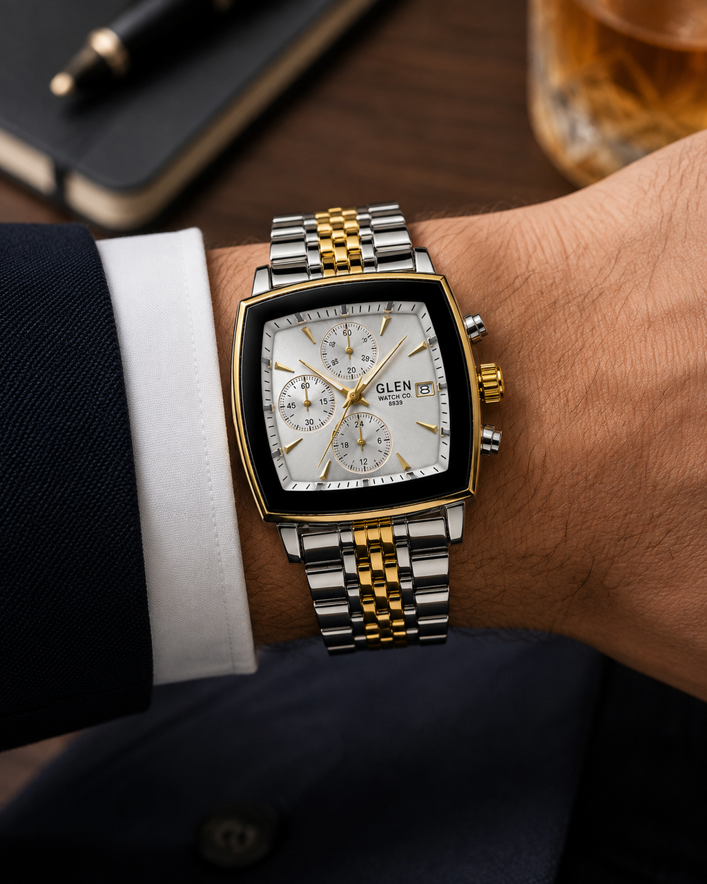 WA-29--Glen Watch Co. Men's Automatic Mechanical Watch 925 Silver Case Two-Tone Bracelet Dual Calendar 106g