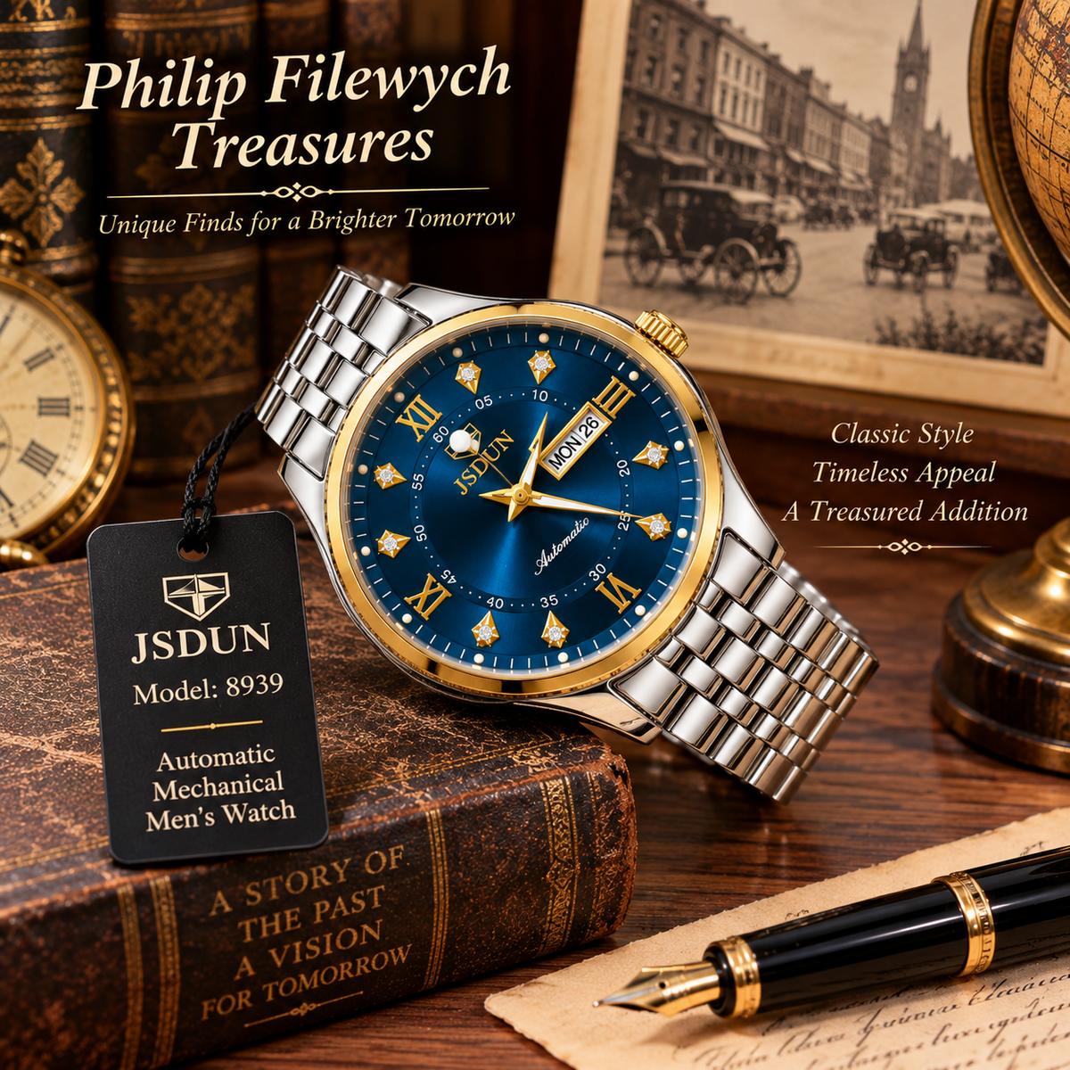WA-34--JSDUN Model 8939 Men's Automatic Mechanical Watch Blue Dial Stainless Steel 40mm