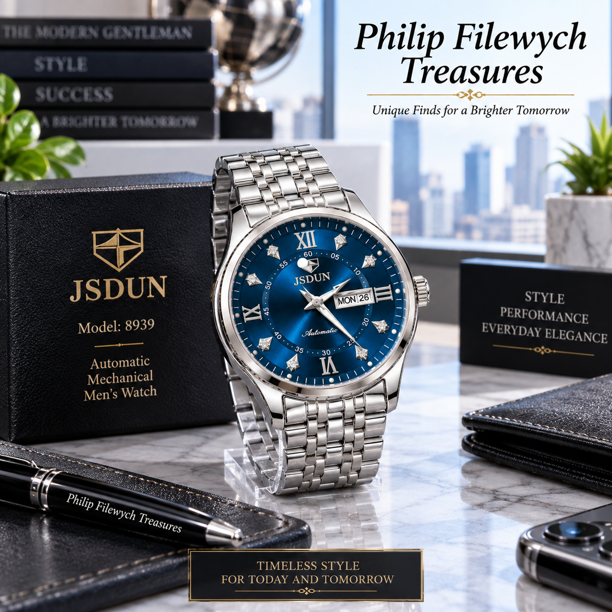 WA-34--JSDUN Model 8939 Men's Automatic Mechanical Watch Blue Dial Stainless Steel 40mm