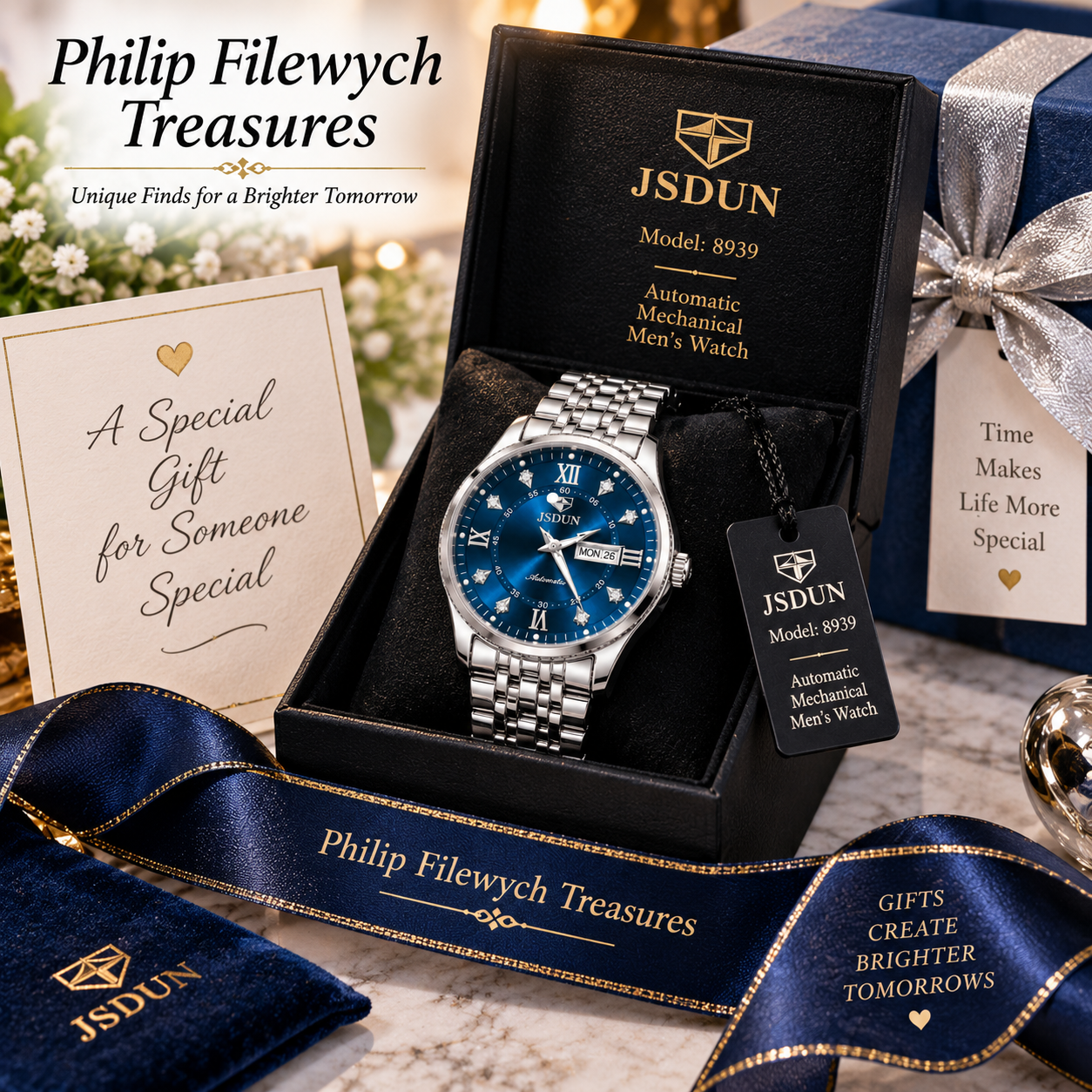 WA-34--JSDUN Model 8939 Men's Automatic Mechanical Watch Blue Dial Stainless Steel 40mm