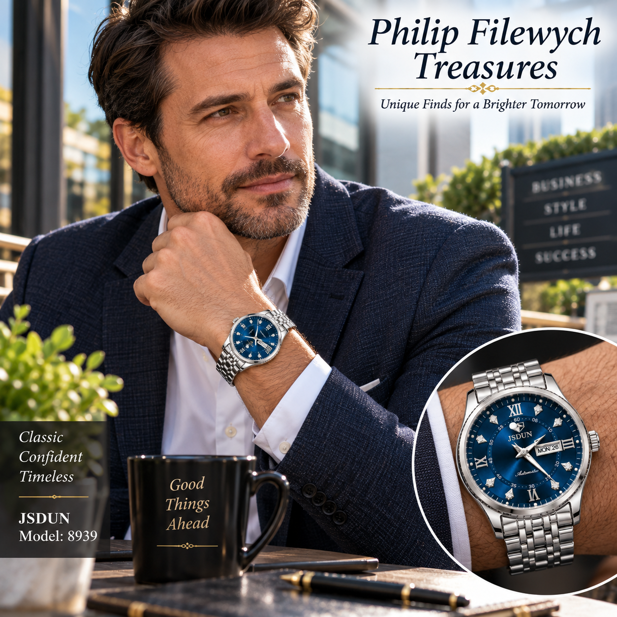 WA-34--JSDUN Model 8939 Men's Automatic Mechanical Watch Blue Dial Stainless Steel 40mm