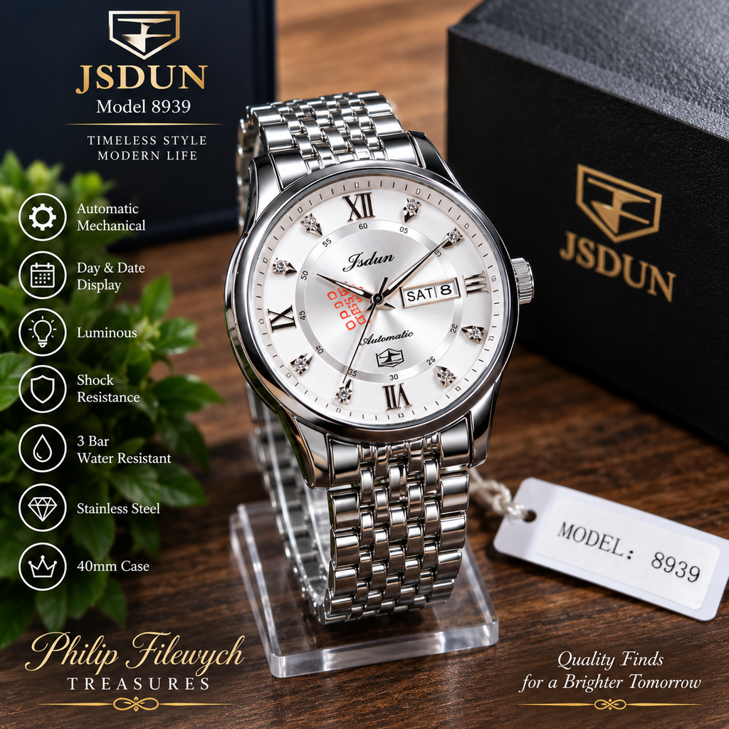 WA-34--JSDUN Model 8939 Men's Automatic Mechanical Watch 40mm Blue Silver Dial Stainless Steel
