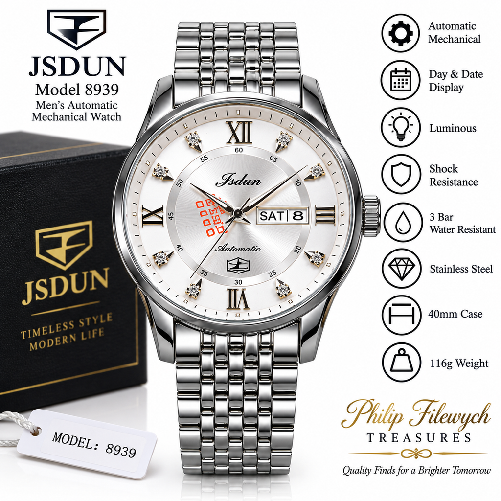 WA-34--JSDUN Model 8939 Men's Automatic Mechanical Watch 40mm Blue Silver Dial Stainless Steel