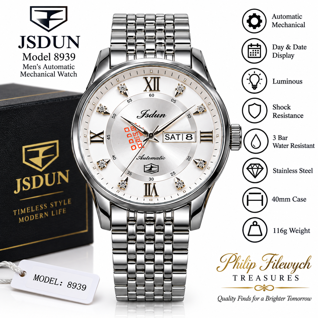 WA-34--JSDUN Model 8939 Men's Automatic Mechanical Watch 40mm Blue Silver Dial Stainless Steel