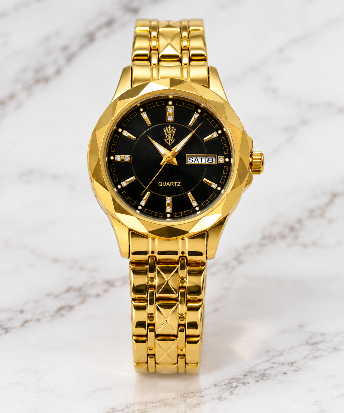 WA-36--BINBOND B5552 Women’s Gold & Black Quartz Watch – Stainless Steel Luminous Fashion Watch