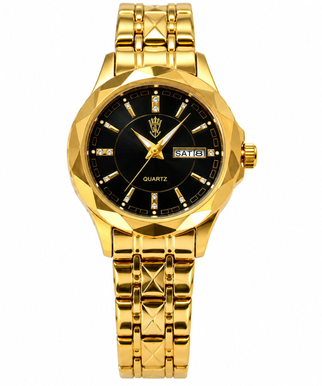 WA-36--BINBOND B5552 Women’s Gold & Black Quartz Watch – Stainless Steel Luminous Fashion Watch