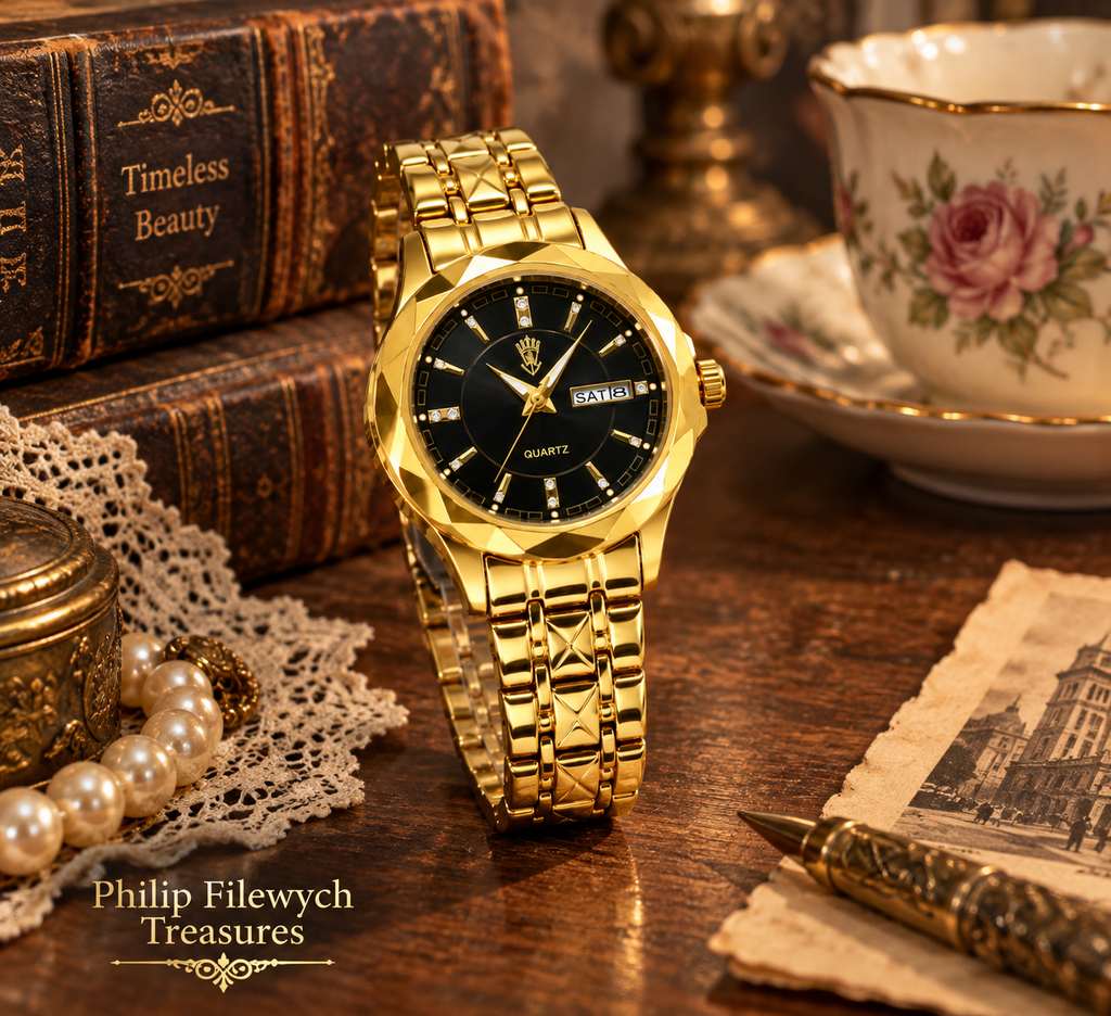 WA-36--BINBOND B5552 Women’s Gold & Black Quartz Watch – Stainless Steel Luminous Fashion Watch