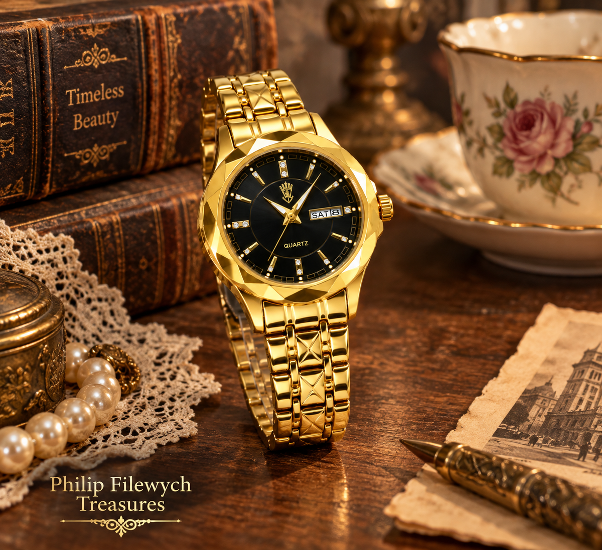 WA-36--BINBOND B5552 Women’s Gold & Black Quartz Watch – Stainless Steel Luminous Fashion Watch