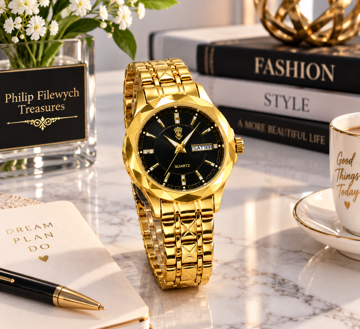 WA-36--BINBOND B5552 Women’s Gold & Black Quartz Watch – Stainless Steel Luminous Fashion Watch