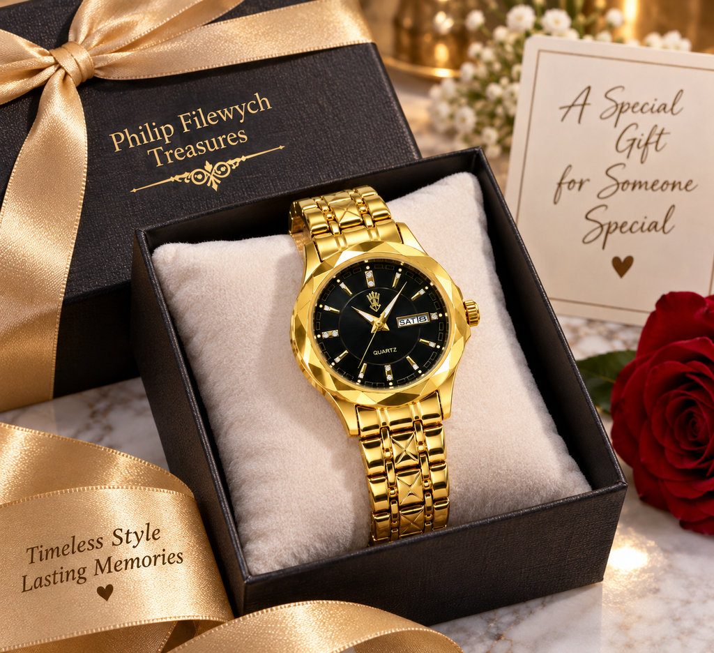 WA-36--BINBOND B5552 Women’s Gold & Black Quartz Watch – Stainless Steel Luminous Fashion Watch