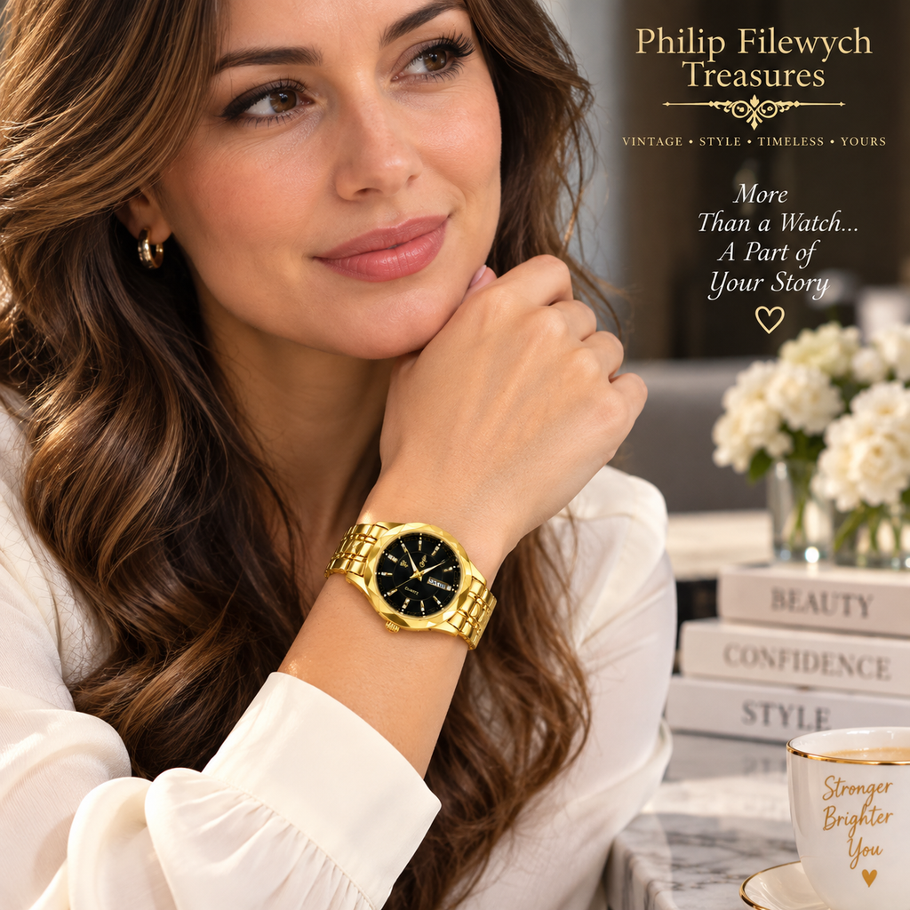 WA-36--BINBOND B5552 Women’s Gold & Black Quartz Watch – Stainless Steel Luminous Fashion Watch