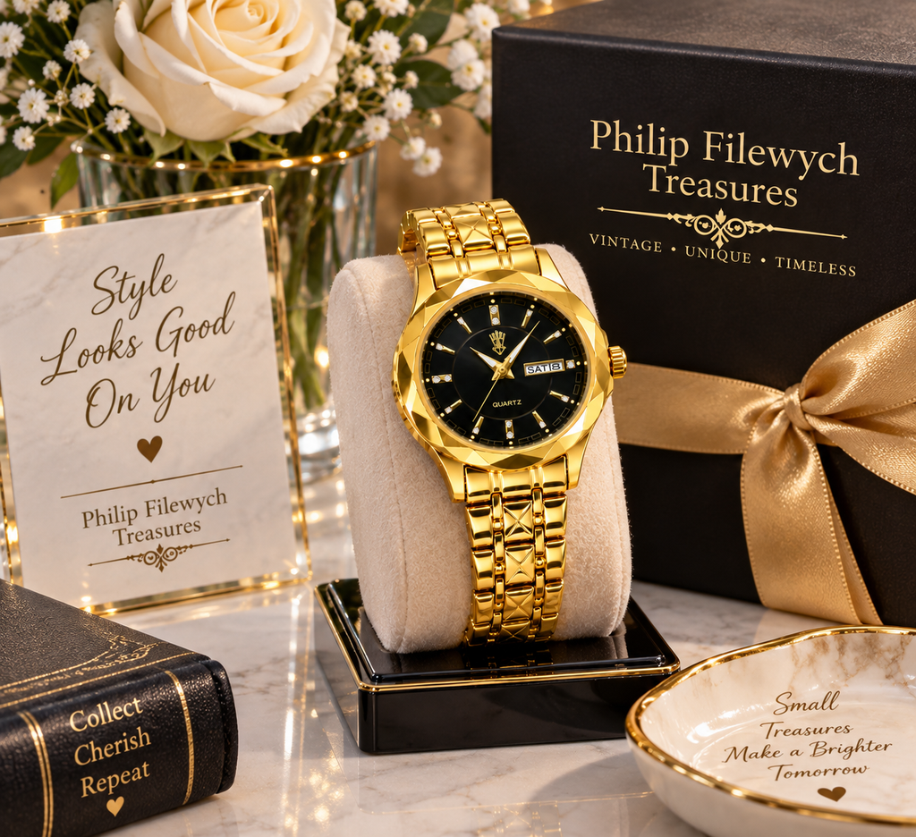 WA-36--BINBOND B5552 Women’s Gold & Black Quartz Watch – Stainless Steel Luminous Fashion Watch