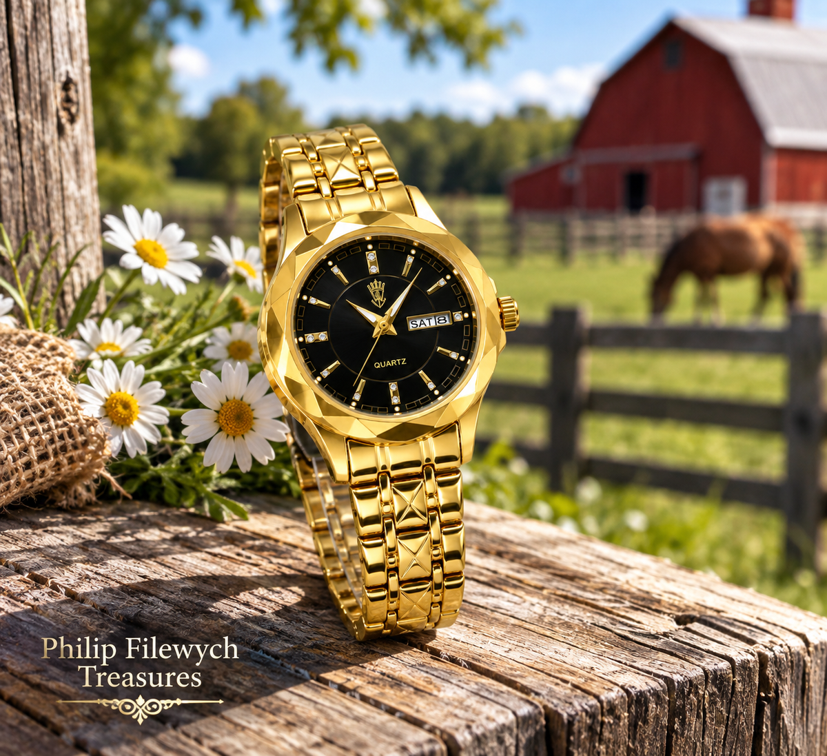 WA-36--BINBOND B5552 Women’s Gold & Black Quartz Watch – Stainless Steel Luminous Fashion Watch