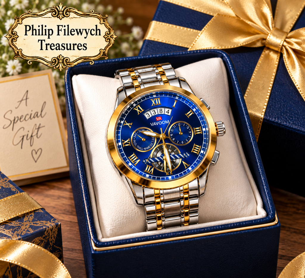 VAVAVOOM VA-243 men's blue dial watch gift presentation