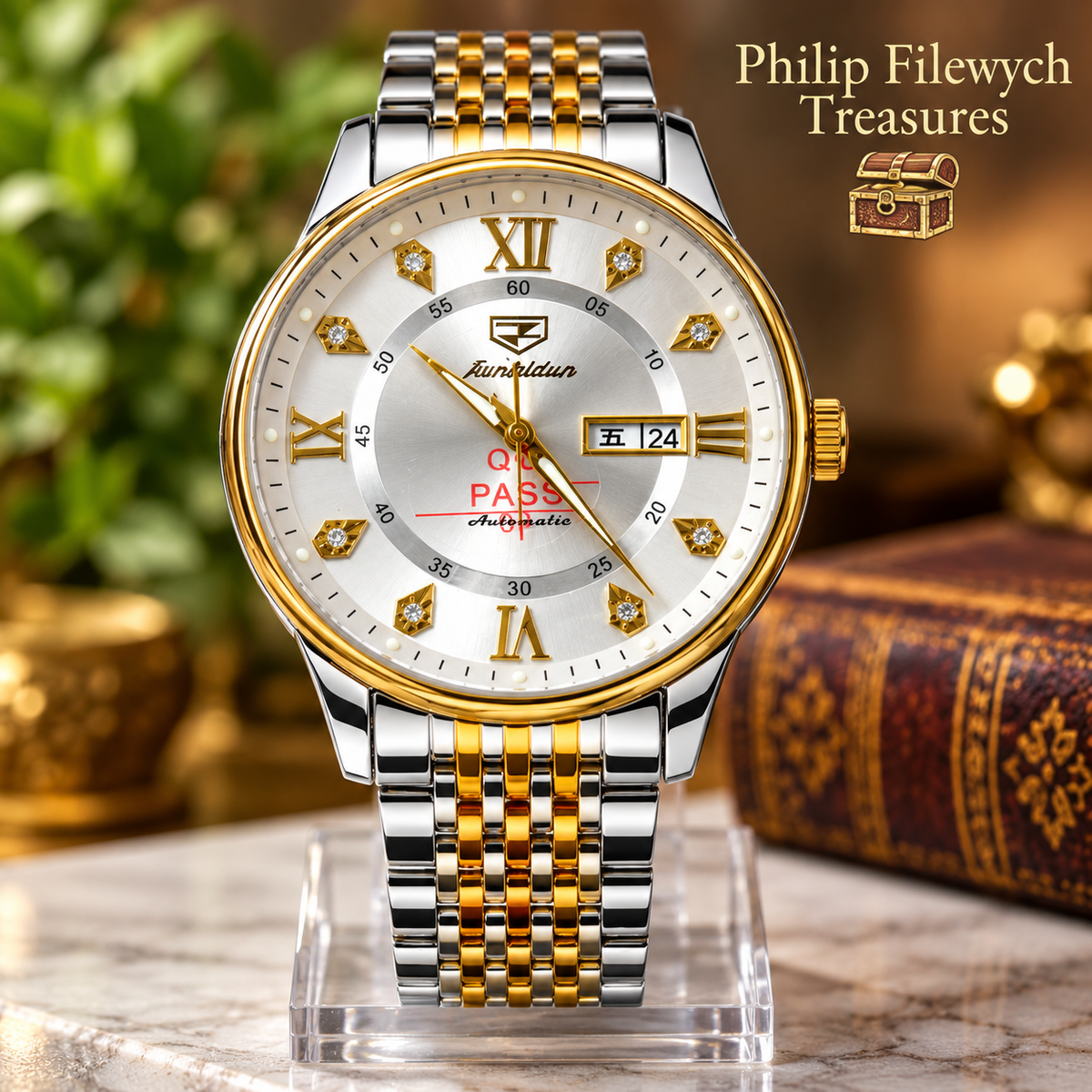 JSDUN WA-37 mechanical automatic self-winding wristwatch with stainless steel case and bracelet