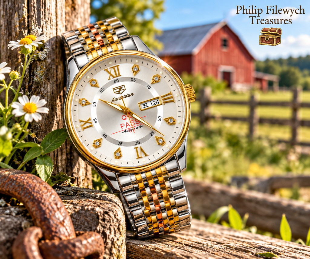 JSDUN WA-37 mechanical automatic watch displayed in a Canadian farm setting