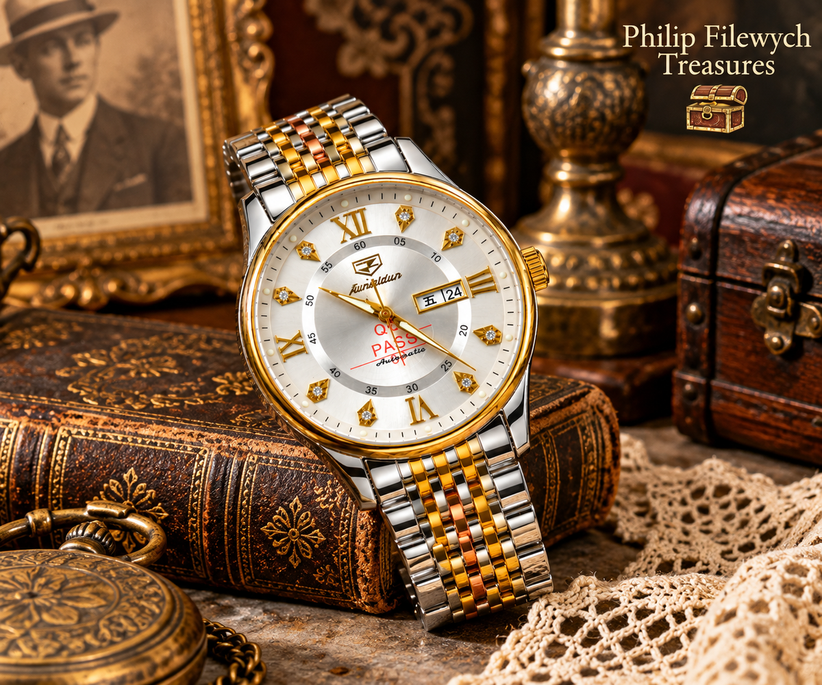 JSDUN WA-37 mechanical automatic watch displayed in a vintage setting