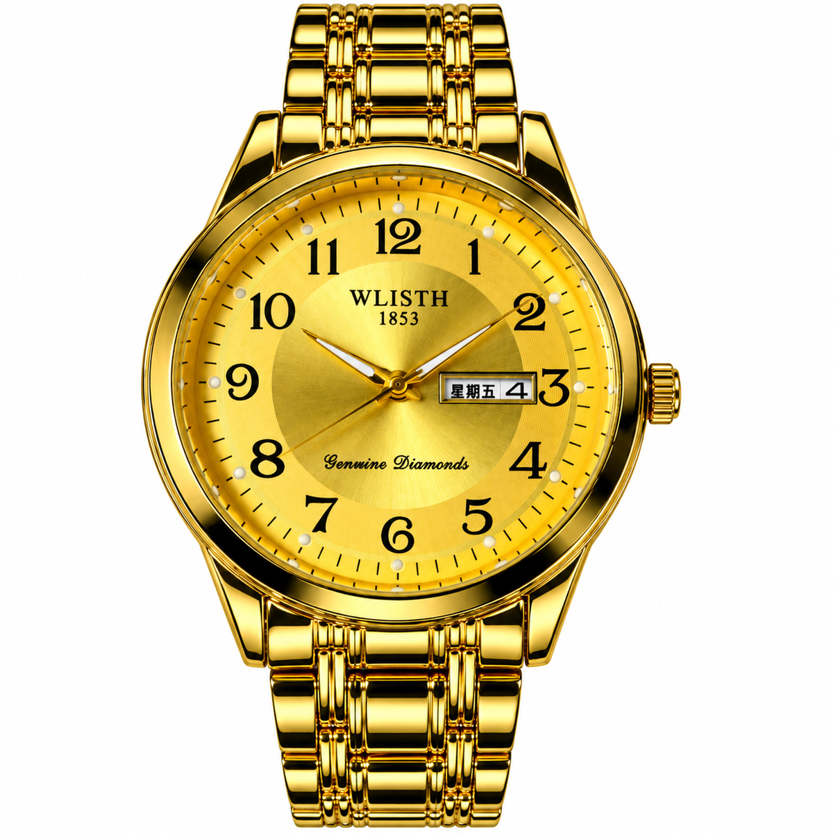 Wlisth 1853 men's gold-tone quartz watch Model 6203 with gold dial and stainless steel bracelet