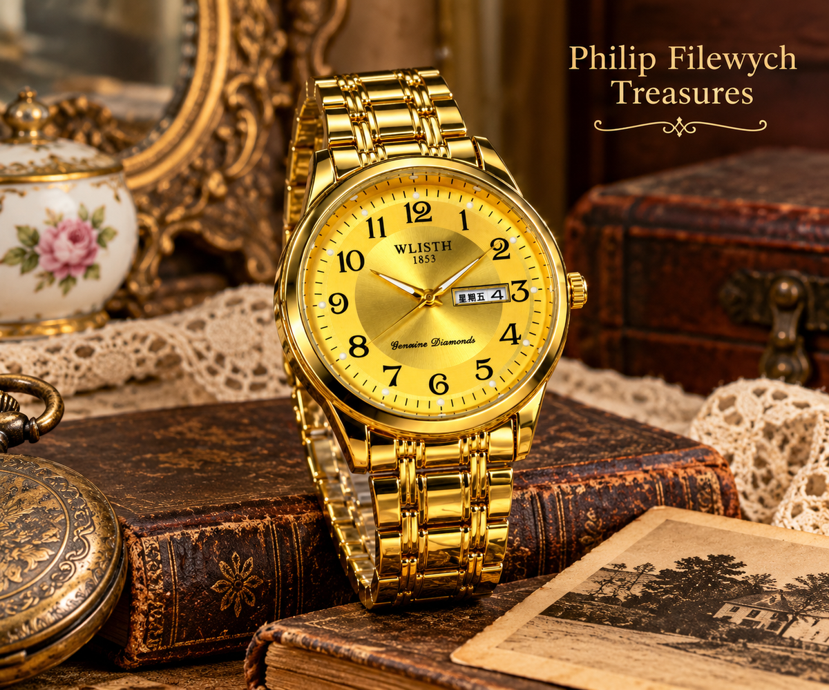 Wlisth 1853 men's gold-tone watch displayed with vintage books and antique décor
