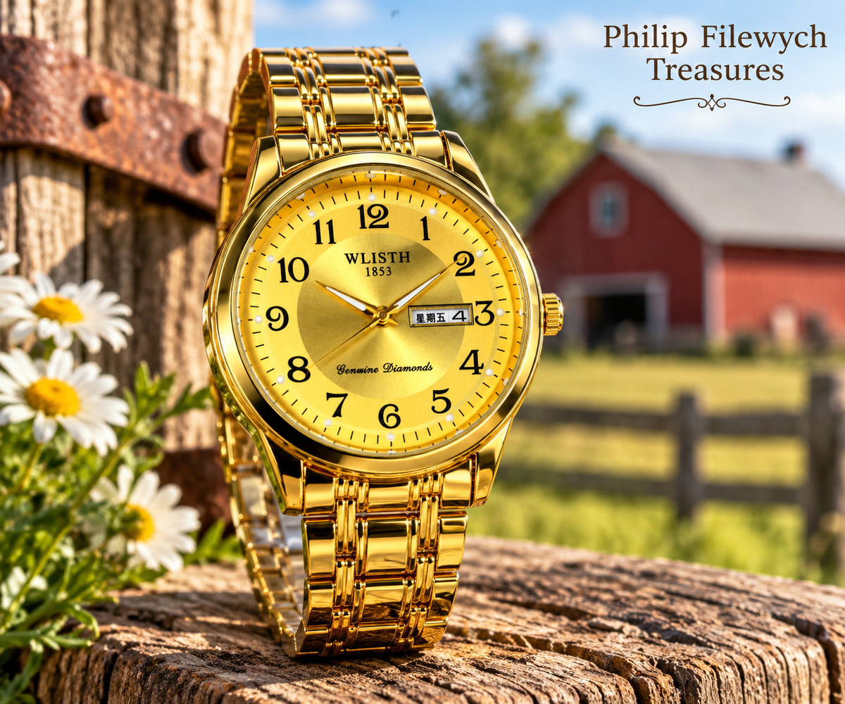Wlisth 1895 men's gold-tone wristwatch displayed in a rustic farm setting